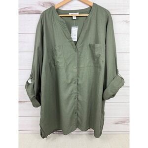 Nine West Olive Green Linen Blend Button Front Tunic Top Plus‎ Size 3X NWT